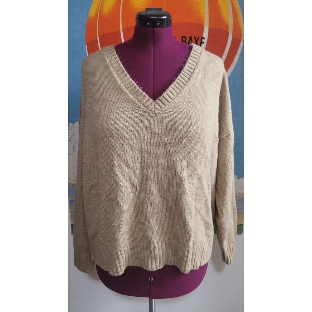 Fashion Nova Sweater Women's 1X Beige Oversized V-Neck Knit Pullover Acrylic